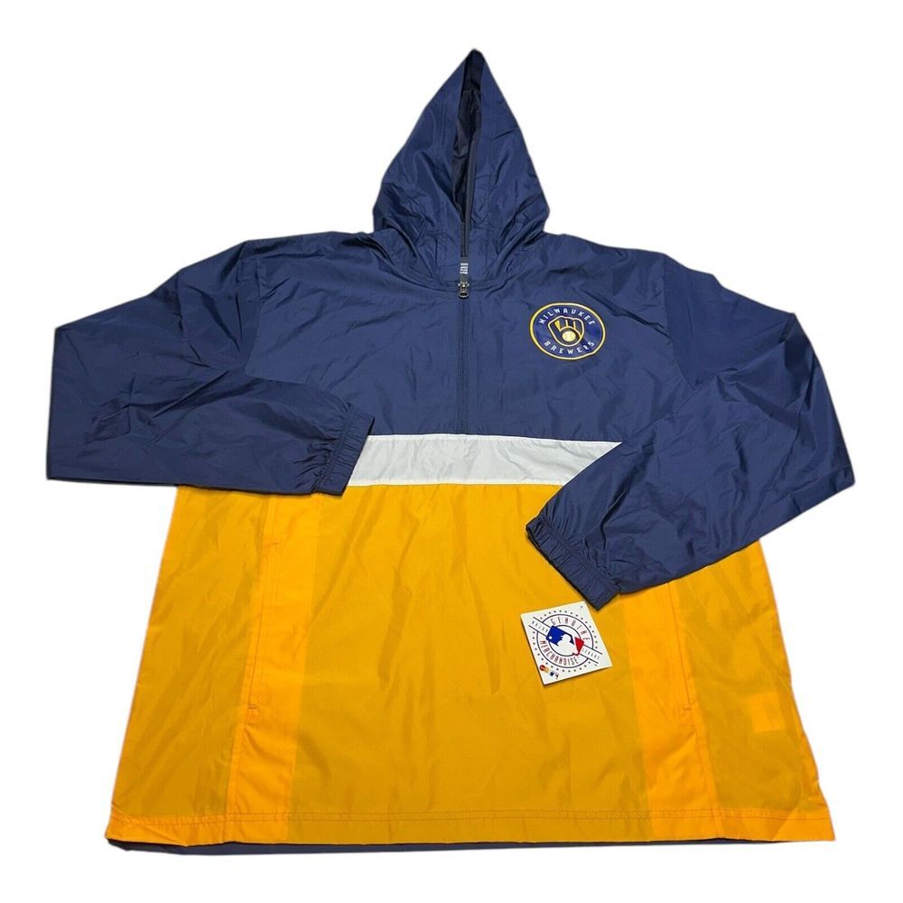 NWT MLB Milwaukee Brewers Hooded 1/2 Zip Pullover Windbreaker Jacket Size L‎